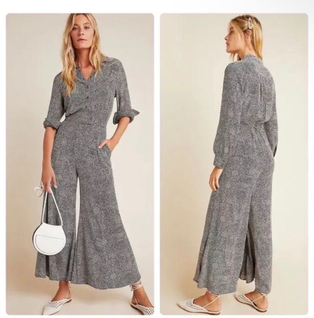 Anthropologie Loveland Wide Leg Culotte Long Sleeve Button FrontJumpsuit XS 0 0P